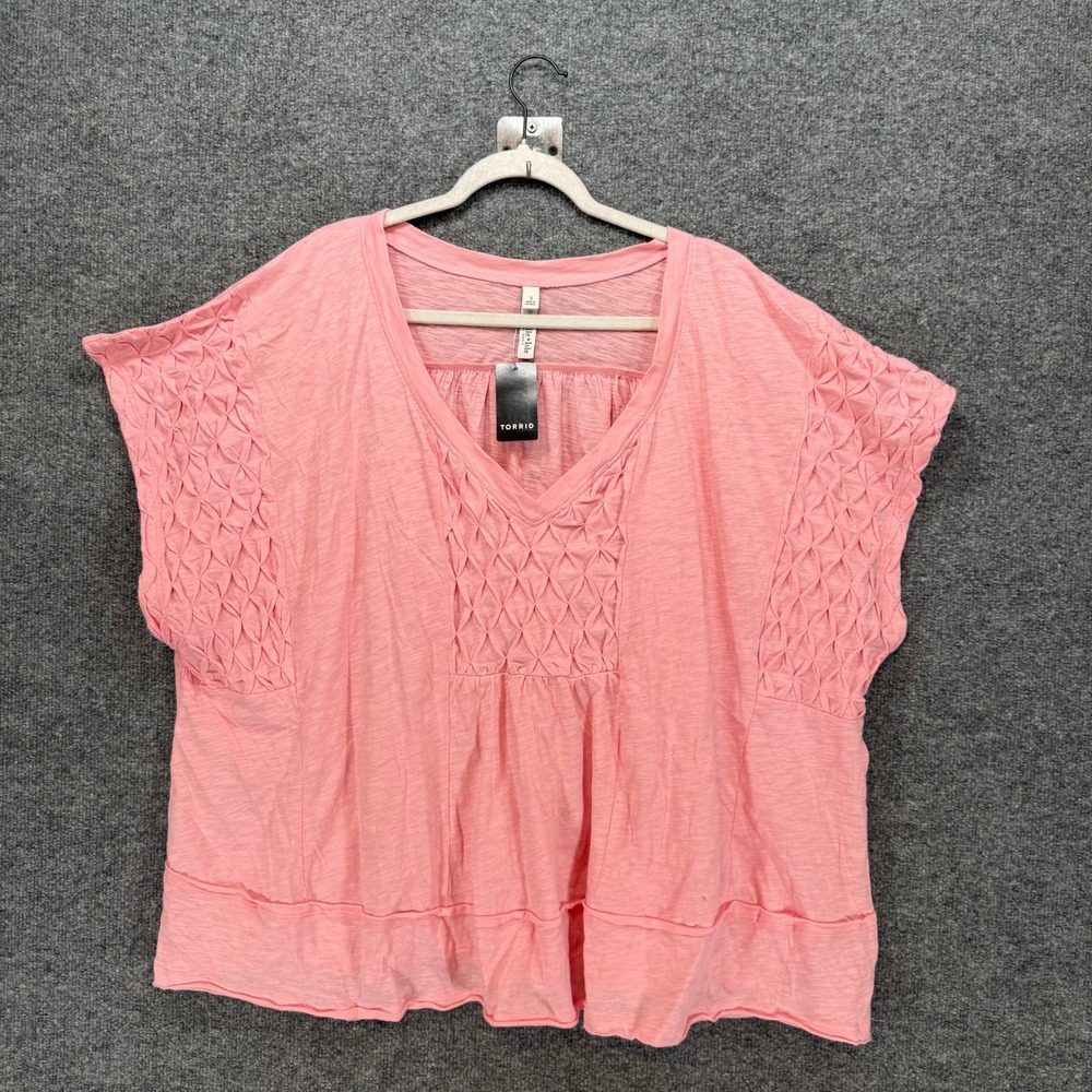 Torrid Shirt Womens 3X Pink Pintuck Smocked Slub Jersey Bell Isle Tshirt NEW